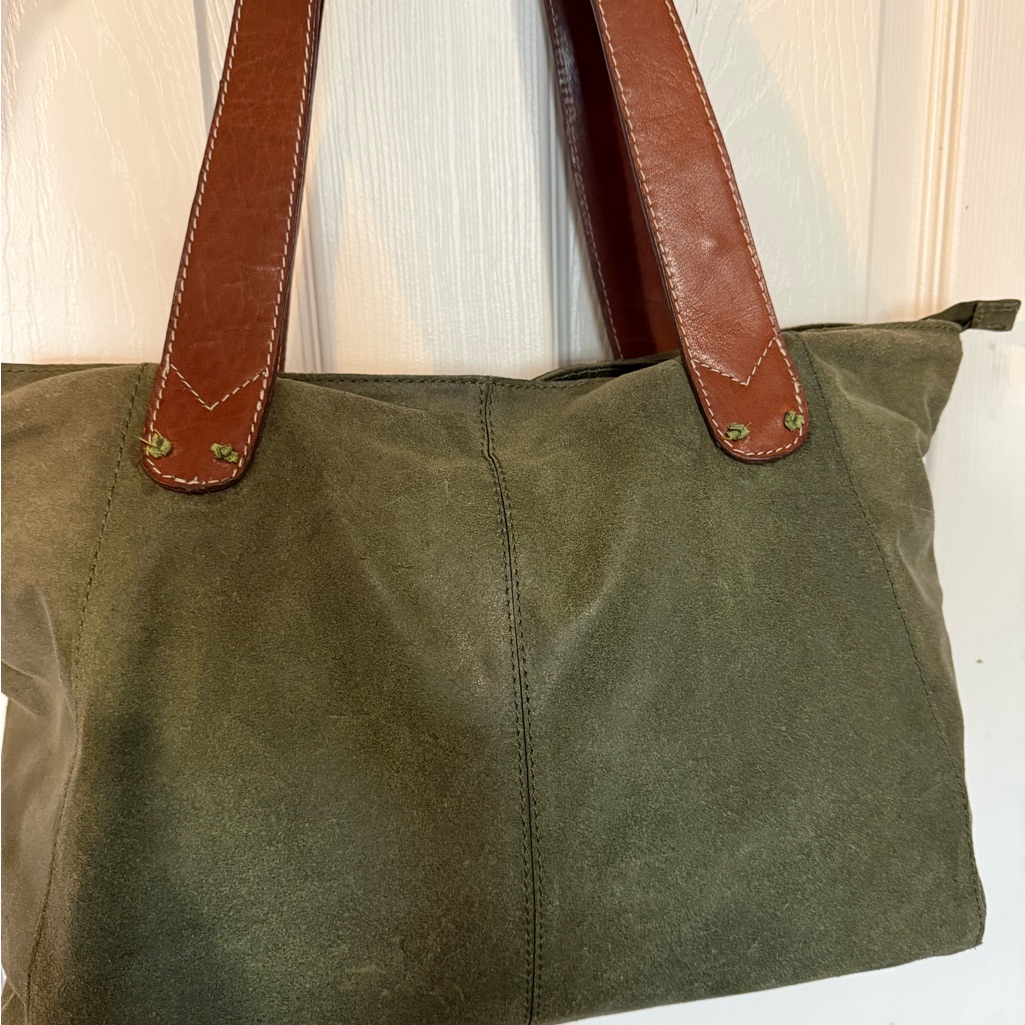 Nino Bossi Olive Green Suede Tote With Brown Leather Handles